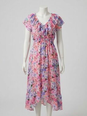 Taylor Pink & Purple Floral Ruffled High-Low Midi Dress